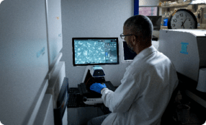 Arvinas scientific staffer reviewing data on monitor screen